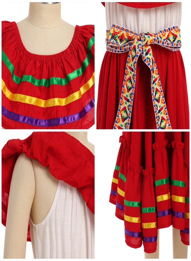 ODIZLI Mexican Folklorico Dress for Girls - Cinco de Mayo Fiesta Off-Shoulder Traditional Dresses, Little Girls Flamenco Ruffle Drape A-Line Dress, Red, 7-8 Years - Image 5